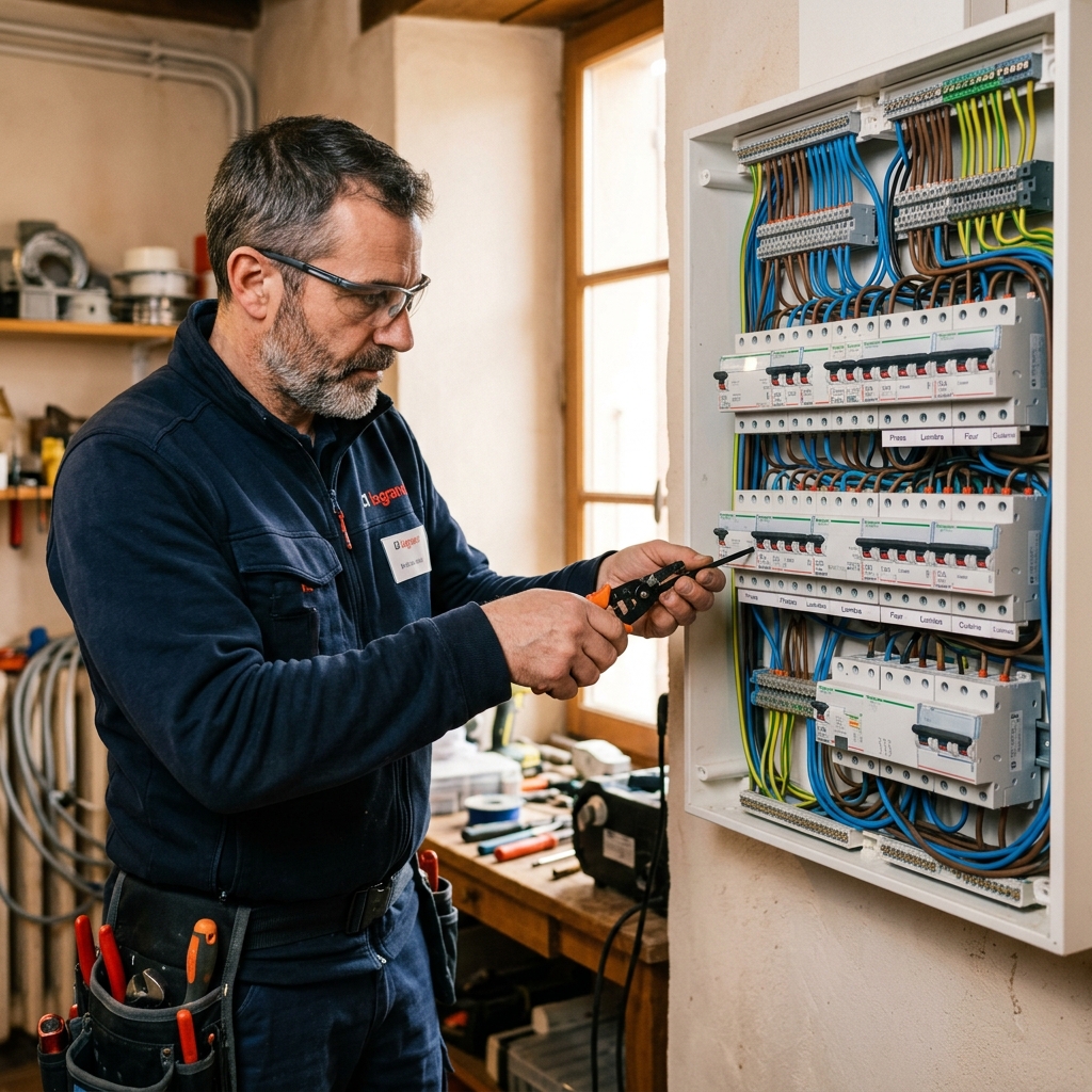 Artisan électricien en plein câblage à Brive-la-Gaillarde